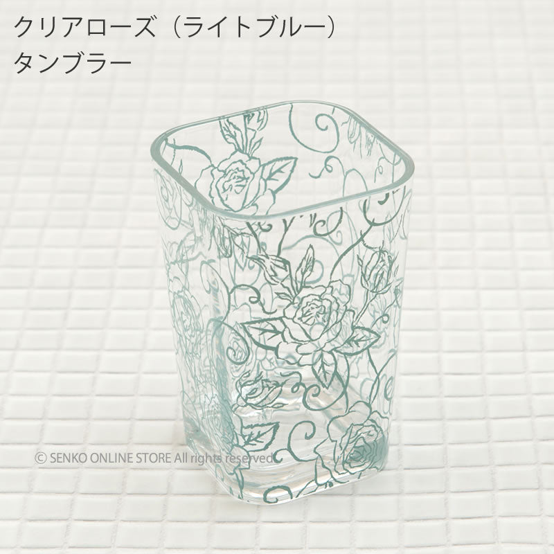 【タンブラー 洗面小物 薔薇 花柄 透明 スケルトン おしゃれ エレガント】ライトブルー クリアローズ