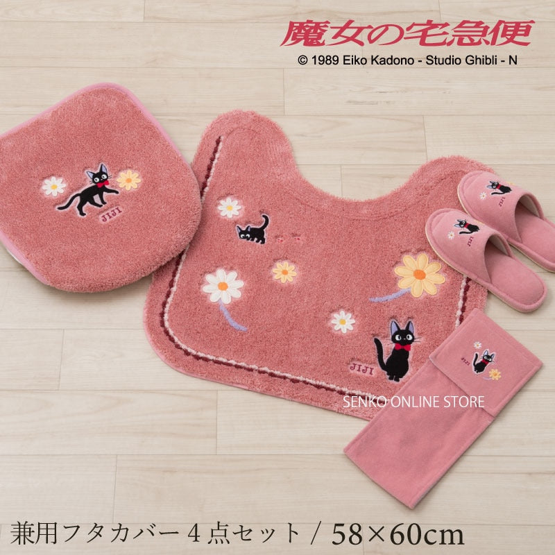 魔女の宅急便 花さんぽ トイレ4点セット トイレマット+兼用フタカバー+スリッパ+ペーパーホルダーカバー ピンク