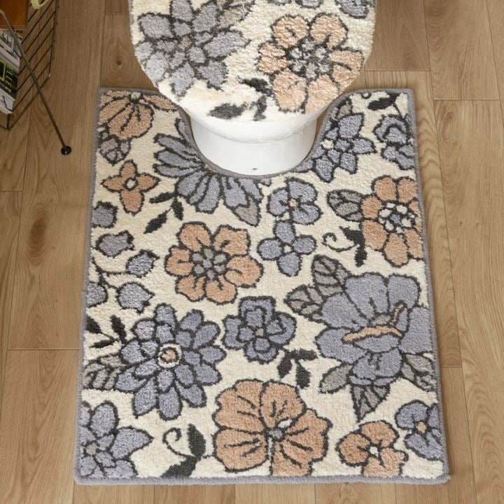 SDS シャーロット ロングトイレマット 約75×60cm グレー/ローズ