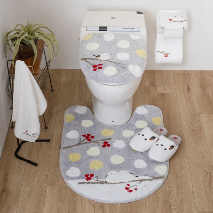 SDS シマエナガちゃん トイレ5点セット(ロングトイレマット+兼用フタカバー+スリッパ+ペーパーホルダーカバー+ハンドタオル) ブルー/グレー