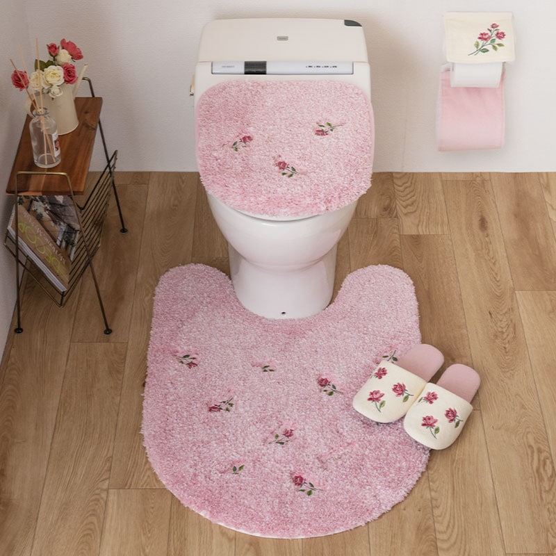 SDS yorisou スイートローズ トイレ4点セット ロングトイレマット+兼用フタカバー(普通便座&温水洗浄・暖房便座兼用)+スリッパ+ペーパーホルダーカバー ピンク