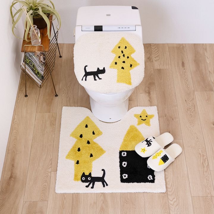 アツコマタノ 迷子のMEME BEBE トイレ3点セット トイレマット+兼用フタカバー(普通便座&温水洗浄・暖房便座兼用)+スリッパ ブルー/アイボリー