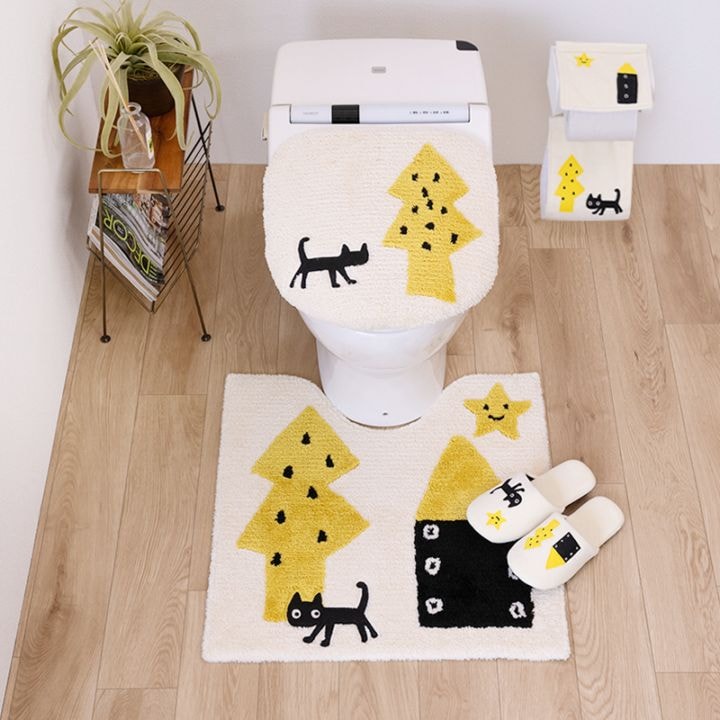 アツコマタノ 迷子のMEME BEBE トイレ4点セット トイレマット+兼用フタカバー(普通便座&温水洗浄・暖房便座兼用)+スリッパ+ペーパーホルダーカバー ブルー/アイボリー