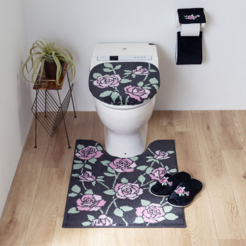 ラルジュルタン グレイス トイレ4点セット ロングトイレマット+兼用フタカバー(普通便座&温水洗浄・暖房便座兼用)+スリッパ+ペーパーホルダーカバー ブラック/アイボリー