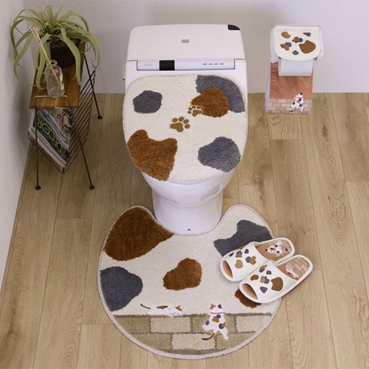 SDS 和にゃんこ ミケ トイレ4点セット トイレマット+兼用フタカバー(普通便座&温水洗浄・暖房便座兼用)+スリッパ+ペーパーホルダーカバー ベージュ
