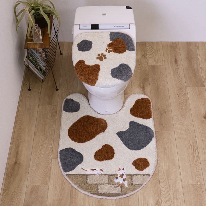 SDS 和にゃんこ ミケ トイレ2点セット ロングトイレマット+兼用フタカバー(普通便座&温水洗浄・暖房便座兼用) ベージュ