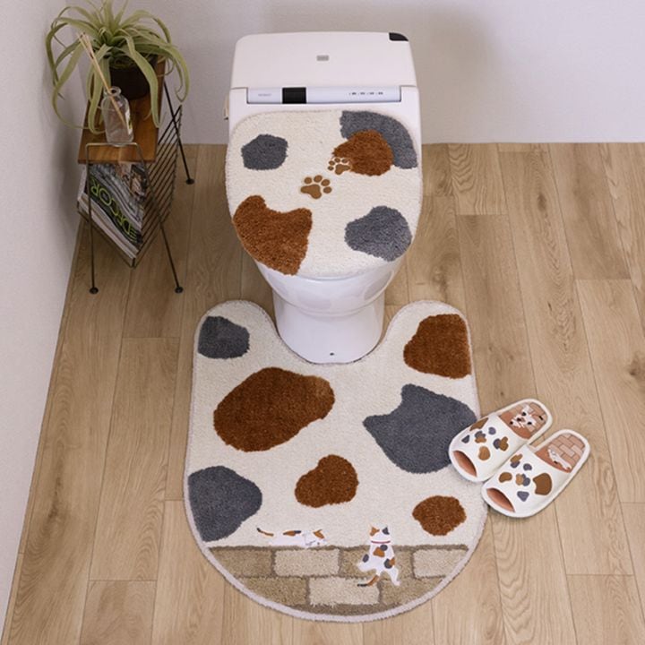 SDS 和にゃんこ ミケ トイレ3点セット ロングトイレマット+兼用フタカバー(普通便座&温水洗浄・暖房便座兼用)+スリッパ ベージュ