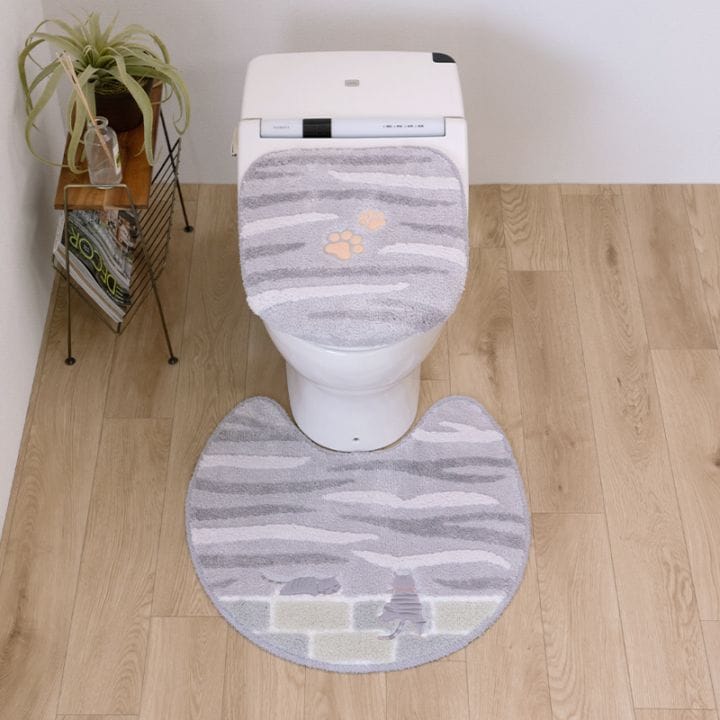 SDS 和にゃんこ サバ トイレ2点セット トイレマット+兼用フタカバー(普通便座&温水洗浄・暖房便座兼用) グレー