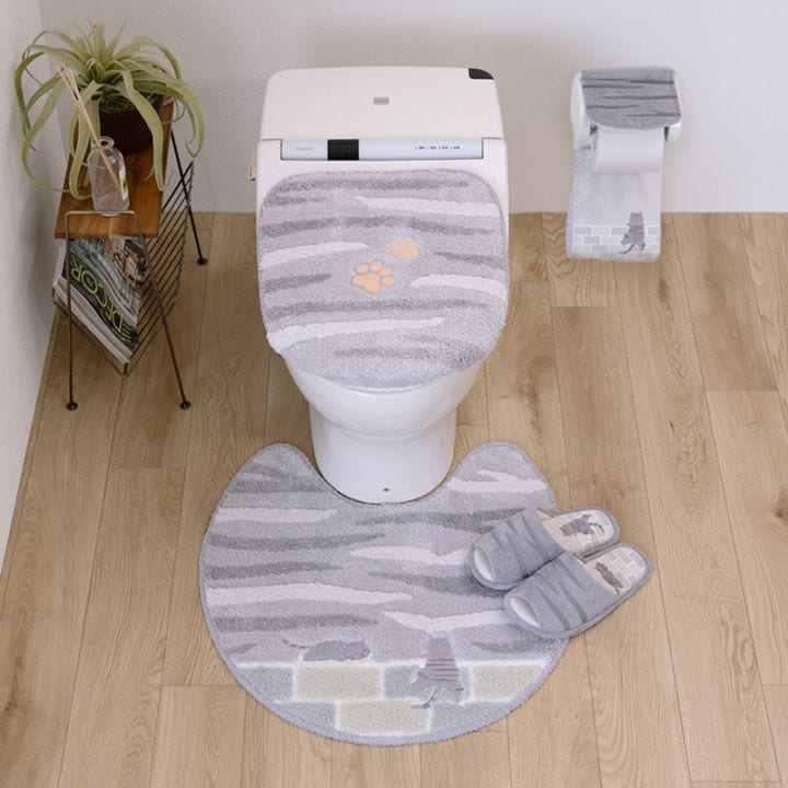 SDS 和にゃんこ サバ トイレ4点セット トイレマット+兼用フタカバー(普通便座&温水洗浄・暖房便座兼用)+スリッパ+ペーパーホルダーカバー グレー