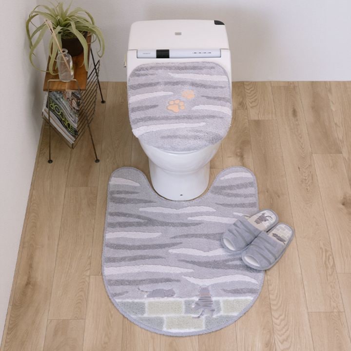 SDS 和にゃんこ サバ トイレ3点セット ロングトイレマット+兼用フタカバー(普通便座&温水洗浄・暖房便座兼用)+スリッパ グレー