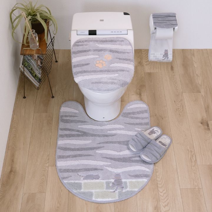 SDS 和にゃんこ サバ トイレ4点セット ロングトイレマット+兼用フタカバー(普通便座&温水洗浄・暖房便座兼用)+スリッパ+ペーパーホルダーカバー グレー