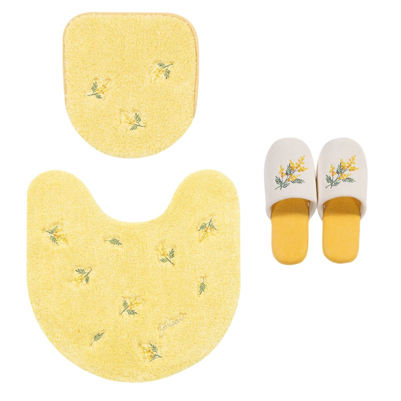 【トイレ3点セット 花柄 可愛い お洒落 明るい】トイレマット+兼用フタカバー+スリッパ イエロー yorisou スイートミモザ