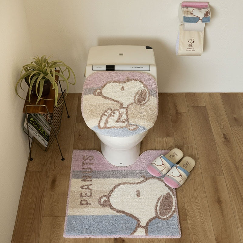PEANUTS くすみパステル トイレ4点セット トイレマット+兼用フタカバー(普通便座&温水洗浄・暖房便座兼用)+スリッパ+ペーパーホルダーカバー ブルー/ピンク