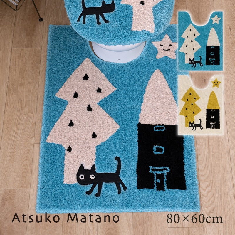 アツコマタノ 迷子のMEME BEBE ロングトイレマット 約80×60cm ブルー/アイボリー