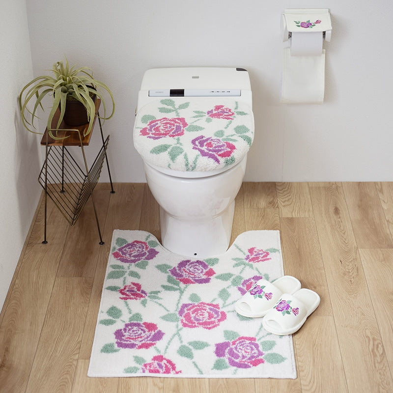 ラルジュルタン グレイス トイレ4点セット ロングトイレマット+兼用フタカバー(普通便座&温水洗浄・暖房便座兼用)+スリッパ+ペーパーホルダーカバー ブラック/アイボリー