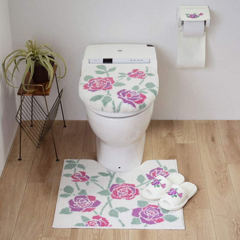 ラルジュルタン グレイス トイレ4点セット トイレマット+兼用フタカバー(普通便座&温水洗浄・暖房便座兼用)+スリッパ+ペーパーホルダーカバー ブラック/アイボリー