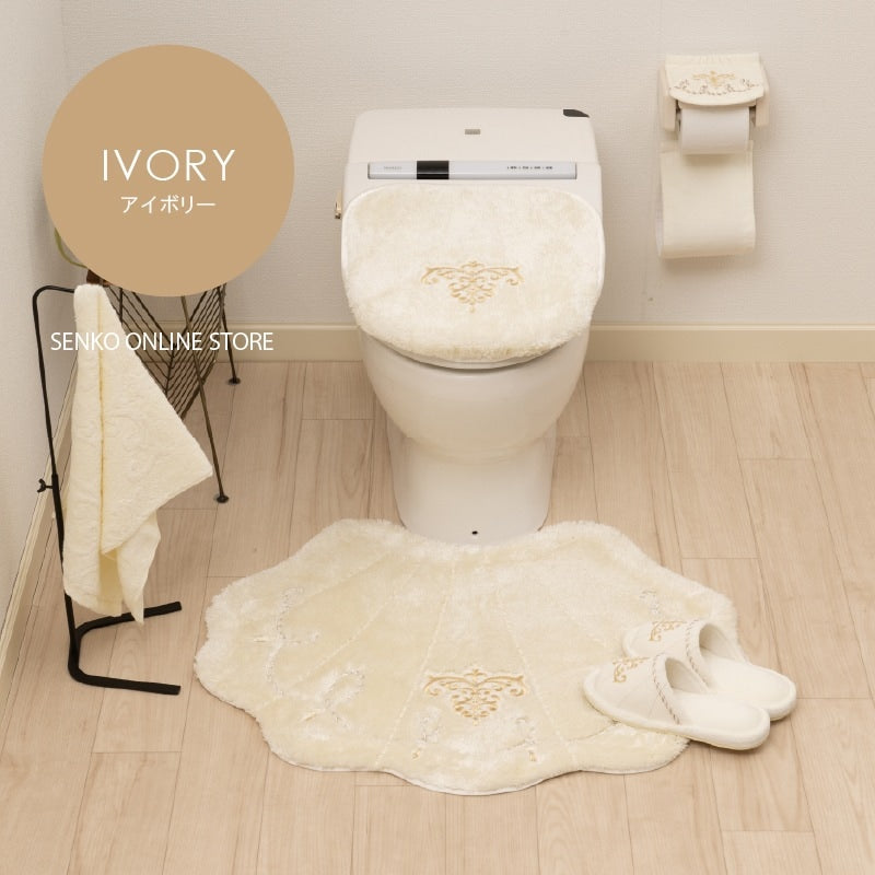 ニーナス・メゾン ロマンスシェル トイレ5点セット(ロングトイレマット+兼用フタカバー+スリッパ+ペーパーホルダーカバー+ハンドタオル) ブルー/アイボリー