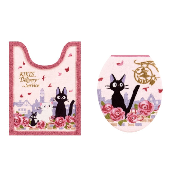 【トイレ2点セット ジブリ 魔女宅 キャラ 雑貨 グッズ】ロングトイレマット+普通便座用フタカバー ピンク 魔女の宅急便 ジジとデート