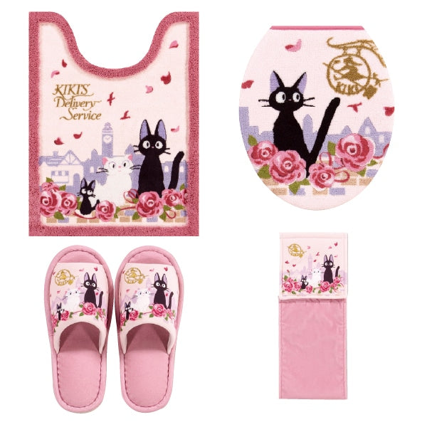 【トイレ4点セット ジブリ 魔女宅 キャラ 雑貨 グッズ】ロングトイレマット+普通便座用フタカバー+スリッパ+ペーパーホルダーカバー ピンク 魔女の宅急便 ジジとデート