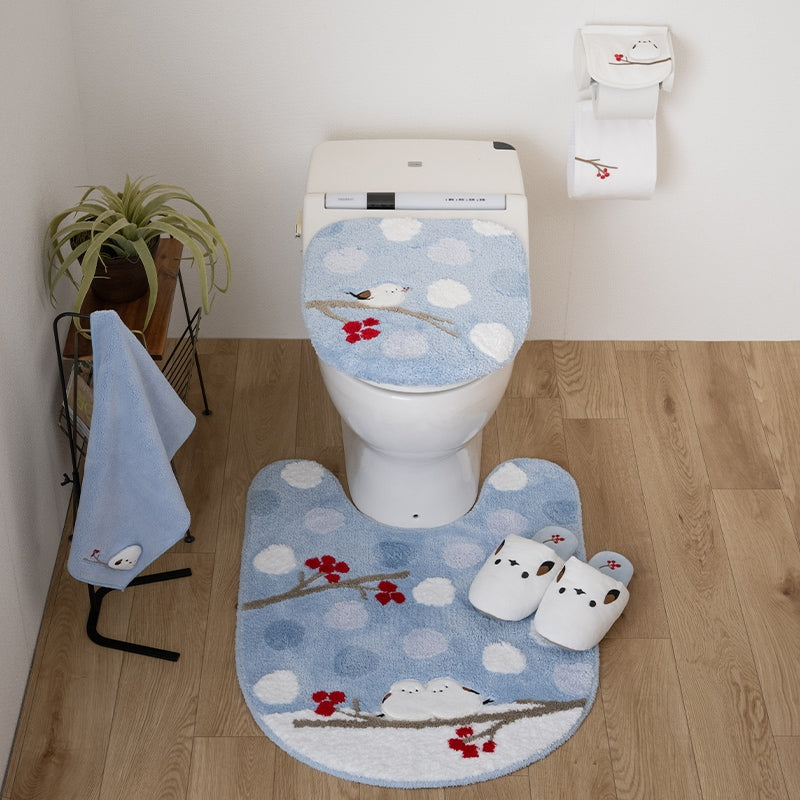 SDS シマエナガちゃん トイレ5点セット(ロングトイレマット+兼用フタカバー+スリッパ+ペーパーホルダーカバー+ハンドタオル) ブルー/グレー