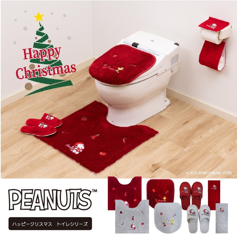 ★PEANUTS ハッピークリスマス トイレ2点セット トイレマット+トイレ兼用フタカバー グレー/レッド