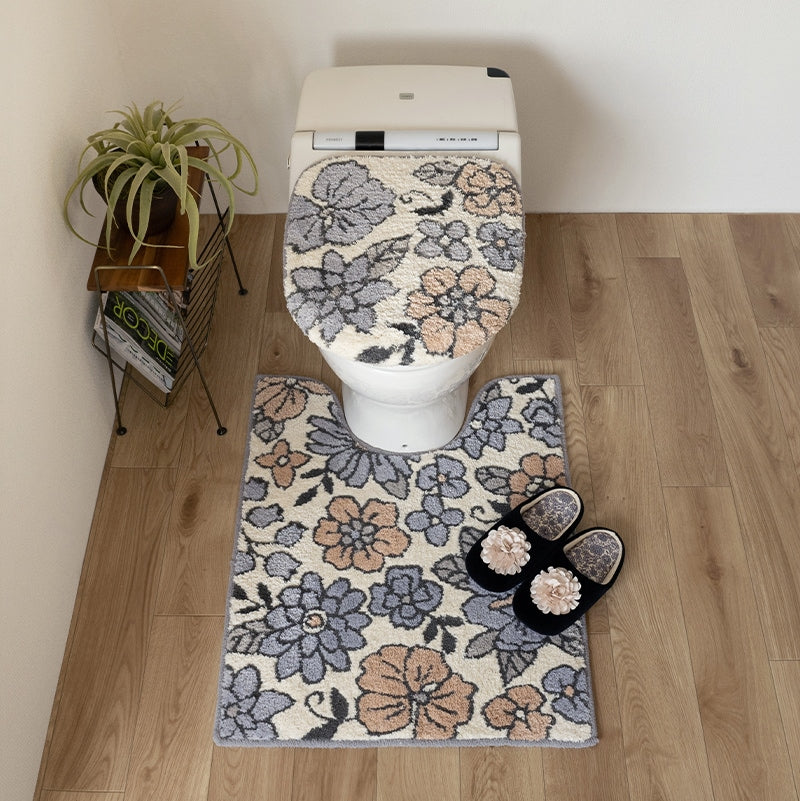 SDS シャーロット トイレ3点セット ロングトイレマット+トイレ兼用フタカバー(普通便座&温水洗浄・暖房便座兼用)+スリッパ グレー/ローズ