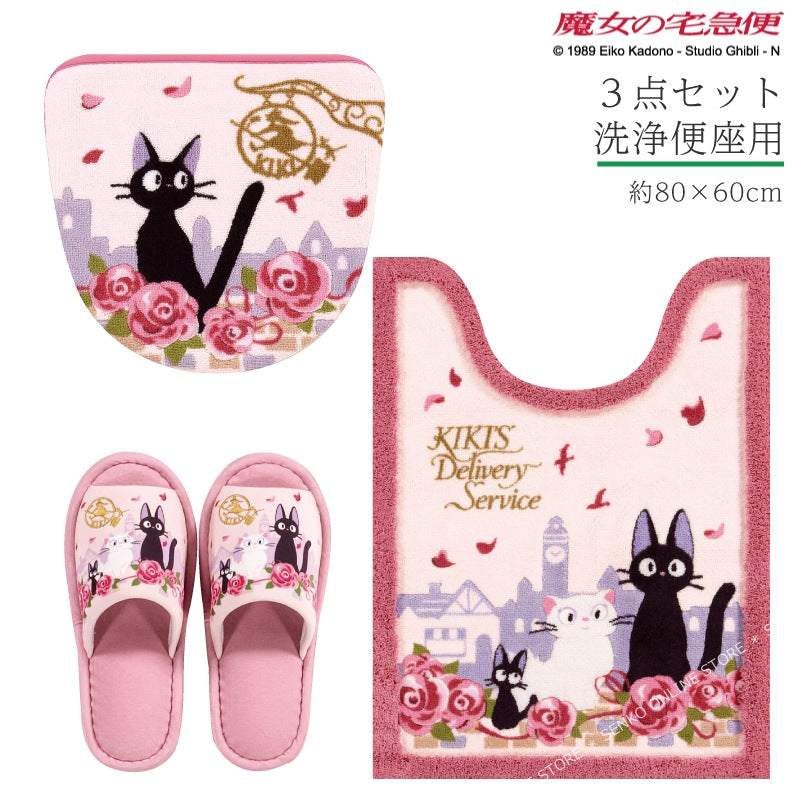 【トイレ3点セット ジブリ 魔女宅 キャラ 雑貨 グッズ】ロングトイレマット+洗浄便座用フタカバー+スリッパ ピンク 魔女の宅急便 ジジとデート