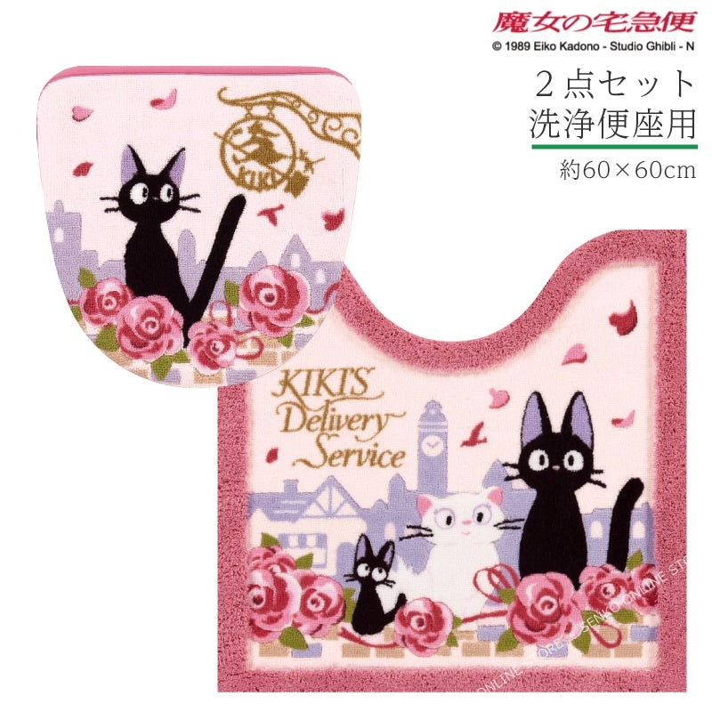 【トイレ2点セット ジブリ 魔女宅 キャラ 雑貨 グッズ】トイレマット+洗浄便座用フタカバー ピンク 魔女の宅急便 ジジとデート