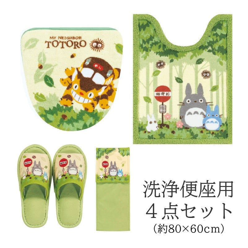 【トイレ4点セット ジブリ キャラ 雑貨 グッズ】ロングトイレマット+洗浄便座用フタカバー+スリッパ+ペーパーホルダーカバー グリーン となりのトトロ なかま