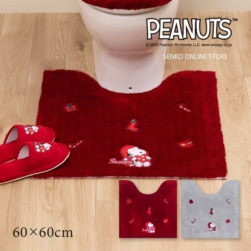 ★PEANUTS ハッピークリスマス トイレマット 約60×60cm グレー/レッド
