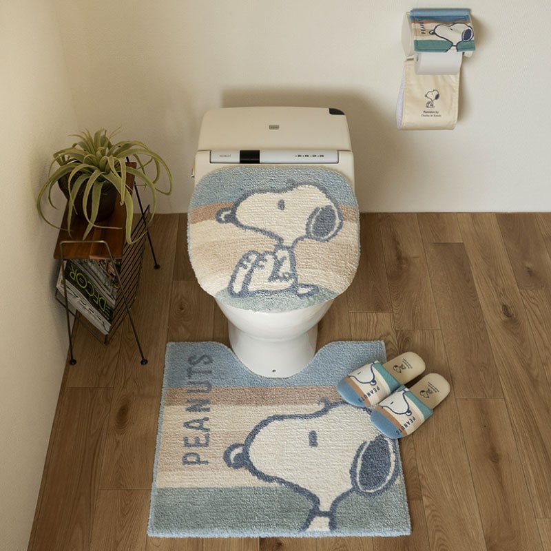 PEANUTS くすみパステル トイレ4点セット トイレマット+兼用フタカバー（普通便座＆温水洗浄・暖房便座兼用）+スリッパ+ペーパーホルダーカバー ブルー/ピンク