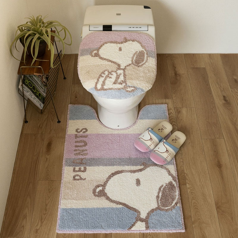 PEANUTS くすみパステル トイレ3点セット ロングトイレマット+兼用フタカバー（普通便座＆温水洗浄・暖房便座兼用）+スリッパ ブルー/ピンク
