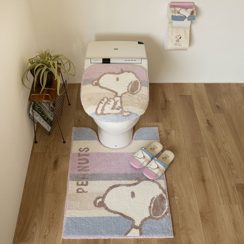 PEANUTS くすみパステル トイレ4点セット ロングトイレマット+兼用フタカバー（普通便座＆温水洗浄・暖房便座兼用）+スリッパ+ペーパーホルダーカバー ブルー/ピンク