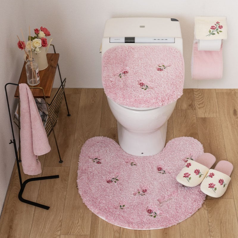 SDS yorisou スイートローズ トイレ5点セット トイレマット+兼用フタカバー（普通便座＆温水洗浄・暖房便座兼用）+スリッパ+ペーパーホルダーカバー+ハンドタオル ピンク