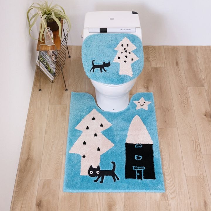 アツコマタノ 迷子のMEME BEBE トイレ2点セット ロングトイレマット+兼用フタカバー（普通便座＆温水洗浄・暖房便座兼用） ブルー/アイボリー