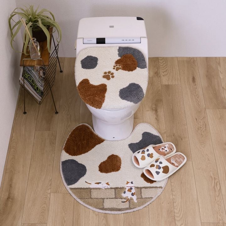 SDS 和にゃんこ ミケ トイレ3点セット トイレマット+兼用フタカバー（普通便座＆温水洗浄・暖房便座兼用）+スリッパ ベージュ