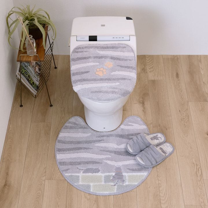 SDS 和にゃんこ サバ トイレ3点セット トイレマット+兼用フタカバー（普通便座＆温水洗浄・暖房便座兼用）+スリッパ グレー