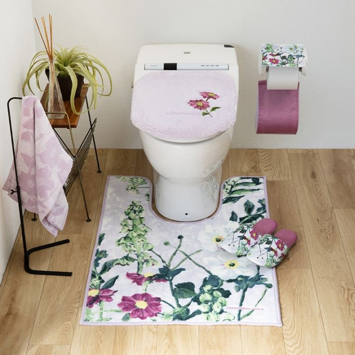 デザイナーズギルド アルテミシア トイレ5点セット 耳長トイレマット+兼用フタカバー+スリッパ+ペーパーホルダーカバー+ハンドタオル アイボリー/ピンク