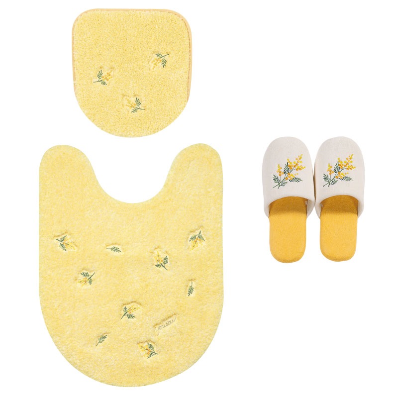【トイレ3点セット 花柄 可愛い お洒落 明るい】ロングトイレマット+兼用フタカバー+スリッパ イエロー yorisou スイートミモザ