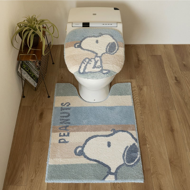 PEANUTS くすみパステル トイレ2点セット ロングトイレマット+兼用フタカバー（普通便座＆温水洗浄・暖房便座兼用） ブルー/ピンク