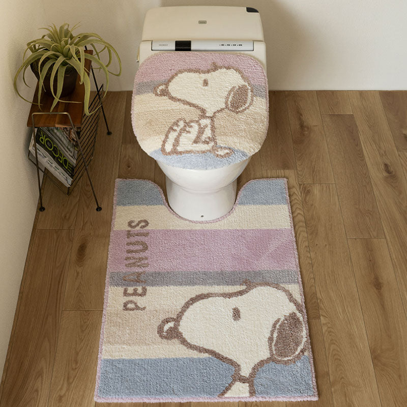 PEANUTS くすみパステル トイレ2点セット ロングトイレマット+兼用フタカバー（普通便座＆温水洗浄・暖房便座兼用） ブルー/ピンク