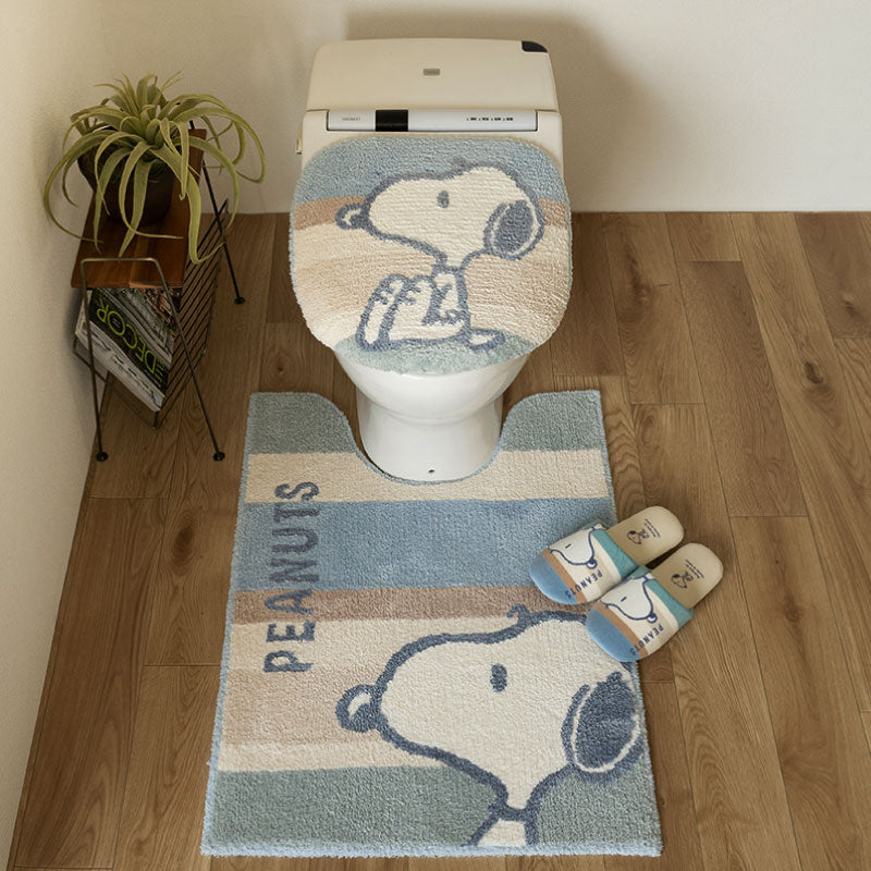 PEANUTS くすみパステル トイレ3点セット ロングトイレマット+兼用フタカバー（普通便座＆温水洗浄・暖房便座兼用）+スリッパ ブルー/ピンク