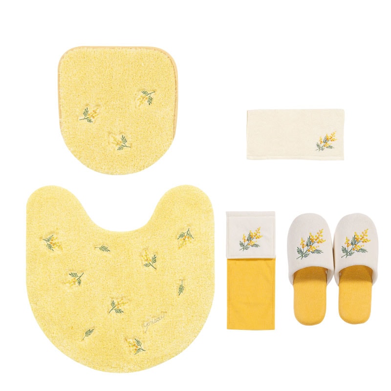【トイレ5点セット 花柄 可愛い お洒落 明るい】トイレマット+兼用フタカバー+スリッパ+ペーパーホルダーカバー+ハンドタオル イエロー yorisou スイートミモザ