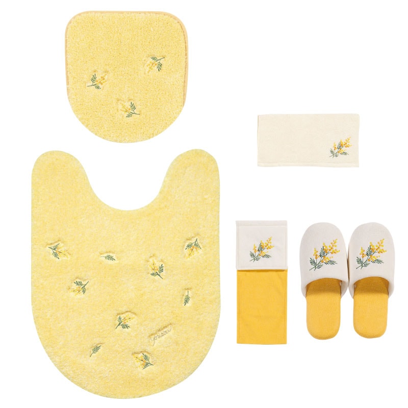 【トイレ5点セット 花柄 可愛い お洒落 明るい】ロングトイレマット+兼用フタカバー+スリッパ+ペーパーホルダーカバー+ハンドタオル イエロー yorisou スイートミモザ