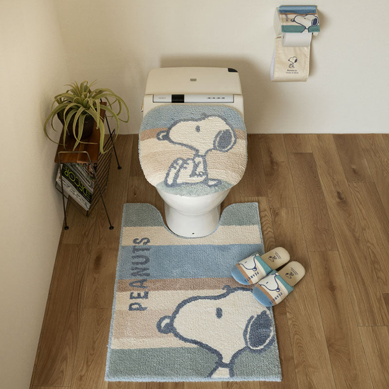 PEANUTS くすみパステル トイレ4点セット ロングトイレマット+兼用フタカバー（普通便座＆温水洗浄・暖房便座兼用）+スリッパ+ペーパーホルダーカバー ブルー/ピンク