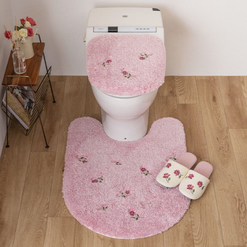 SDS yorisou スイートローズ トイレ3点セット ロングトイレマット+兼用フタカバー（普通便座＆温水洗浄・暖房便座兼用）+スリッパ ピンク