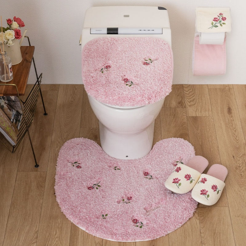 SDS yorisou スイートローズ トイレ4点セット トイレマット+兼用フタカバー（普通便座＆温水洗浄・暖房便座兼用）+スリッパ+ペーパーホルダーカバー ピンク