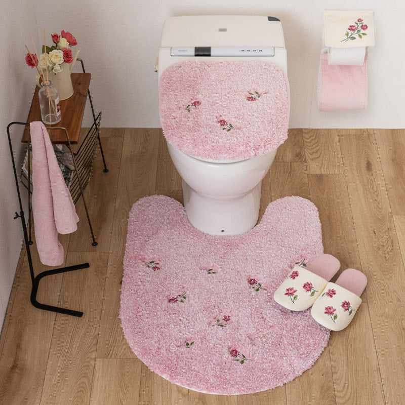 SDS yorisou スイートローズ トイレ5点セット ロングトイレマット+兼用フタカバー（普通便座＆温水洗浄・暖房便座兼用）+スリッパ+ペーパーホルダーカバー+ハンドタオル ピンク
