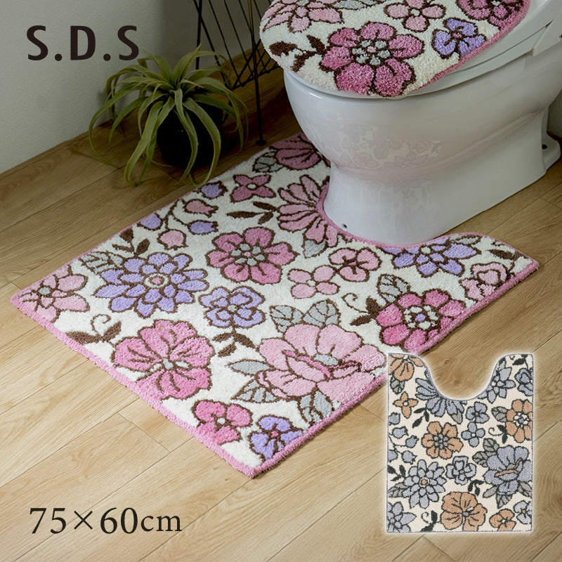 SDS シャーロット ロングトイレマット 約75×60cm グレー/ローズ