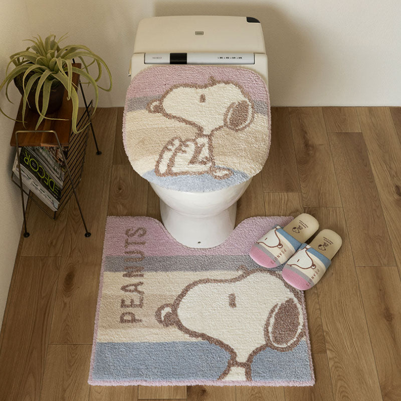 PEANUTS くすみパステル トイレ3点セット トイレマット+兼用フタカバー（普通便座＆温水洗浄・暖房便座兼用）+スリッパ ブルー/ピンク